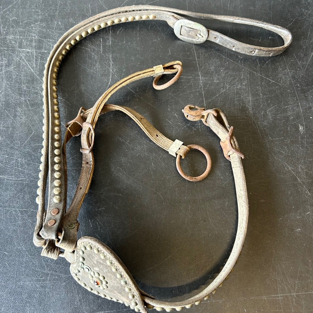 Antique Studded Leather Horse Bridle Harness Heart Medallion Amber Glass Jewel